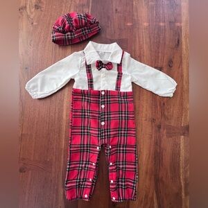 SHEIN Boys Plaid “Overalls” w/Beret, Size 12-18M